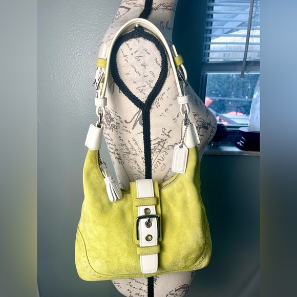 CLEAN Coach 2004 Y2K Rare Hampton Lime Green Suede Leather Buckle Hobo Bag - Picture 1 of 12